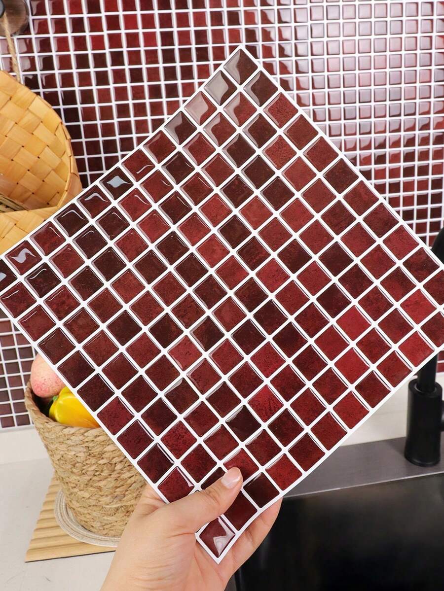10 pulgadas x 10 pulgadas Papel tapiz de vinilo texturizado rojo impermeable DIY, azulejo autoadhesivo para salpicaduras, azulejo cuadrado pequeño de pelar y pegar, adecuado para la decoración del hogar