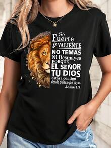 2026Camiseta de manga corta para mujer de 180G 100% estampado de león - Ajuste suelto, manga corta, cuello redondo, parte superior de verano casual transpirable y cómoda, tallas S-XXL, negro y blanco, parte superior de ajuste relajado con mangas raglán de - Negro - Ver 10