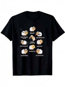 Camiseta Unisex con Diseño de Oveja Humorística y Vocabulario Alemán, Texto en Blanco y Negro, Ropa Casual Cómoda para Adultos en Todas las Temporadas, Prenda Divertida para el Aprendizaje del Idioma, Corte Regular, Cuello Redondo, Manga Corta - Negro - Ver 1