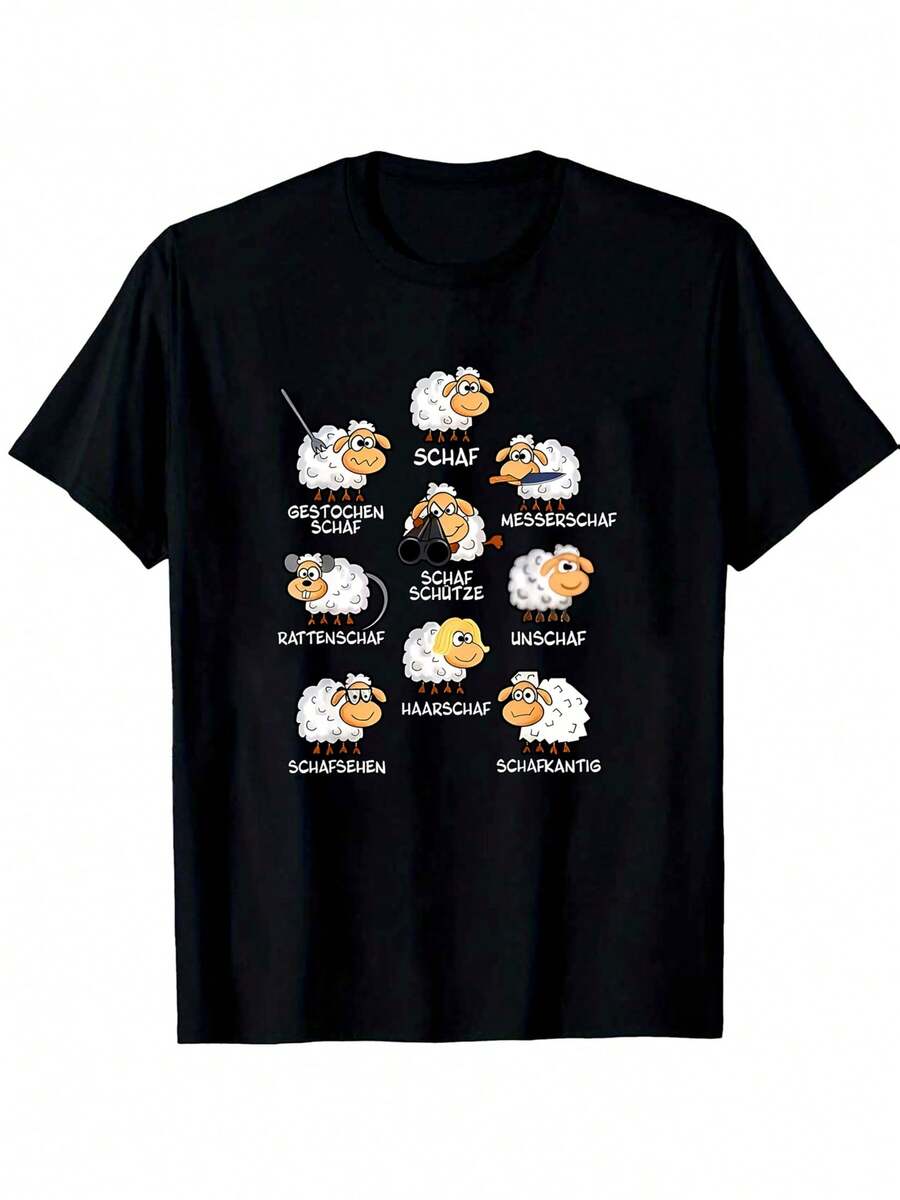 Camiseta Unisex con Diseño de Oveja Humorística y Vocabulario Alemán, Texto en Blanco y Negro, Ropa Casual Cómoda para Adultos en Todas las Temporadas, Prenda Divertida para el Aprendizaje del Idioma, Corte Regular, Cuello Redondo, Manga Corta - Negro - Ver 1