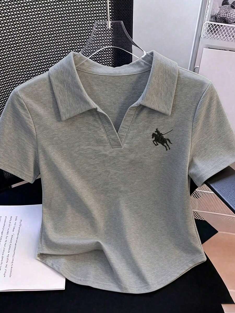 Women's Preppy Short Sleeve Cropped Polo T-Shirt, Decorated With Fashionable Patterns, High Elasticity Short Top, Suitable For Summer Casual Daily Office Wear - Grey - View 1