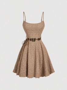 MOD Extra Lightweight Light Brown Dress With Belt, For Autumn/Winter, Thanksgiving, Jacquard Lace, Western Wear For Women, Western Set, Bohemian Chic Style, Brown, Casual Dress For Women - 棕色 - 查看 6