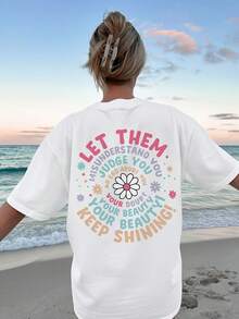 1 Piece [Double-Sided Print] Women's Casual Spring And Summer T-Shirt, Cute Style With Floral Print Of The Phrase "LET THEM MISUNDERSTAND YOU", Round Neck, Short Sleeve, Dropped Shoulders, Pure Cotton, Oversized Style [Lang] 100% Cotton - 白色 - 查看 4