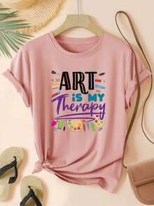 Women's Back-To-School T-Shirt, Colorful Brushstroke Series, Round Neck, Casual And Modern Style, Short-Sleeved Sports T-Shirt, Multiple Colors Available, Sizes From S To XXL - 羅莎 - 查看 6