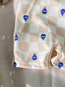 Baby Boys Summer Romper, Checkerboard Sailboat Print Short Sleeve Breathable For Baby Boys - Apricot - View 5