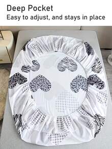 1pc Black & White Leopard Print Heart Pattern Fitted Sheet, Minimalist Modern Style Polyester Fitted Sheet, Suitable For All Seasons, Soft & Breathable, Machine Washable, Deep Pocket - Black and White - View 7