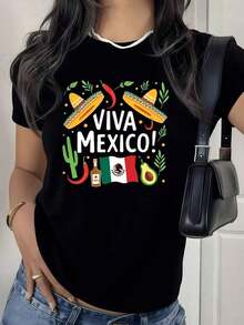 Women's Viva Mexico T-Shirt With Mexican Flag Cultural Symbols, Short Sleeve, Round Neck, Design With The National Eagle Emblem, For Festivals, Parties, Casual Wear, Mexican Pride, Women's T-Shirts - 黑色 - 查看 1