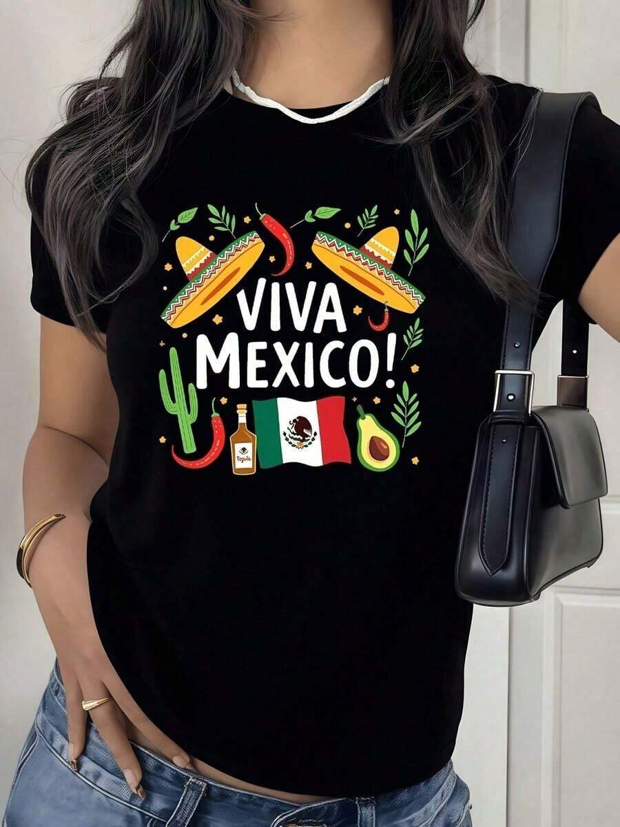 Women's Viva Mexico T-Shirt With Mexican Flag Cultural Symbols, Short Sleeve, Round Neck, Design With The National Eagle Emblem, For Festivals, Parties, Casual Wear, Mexican Pride, Women's T-Shirts - 黑色 - 查看 1