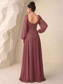 Vestido de gasa de manga larga con volantes, abertura, espalda descubierta y cinturón, adecuado para vestido de dama de honor, vestido de novia, vestido de cumpleaños, vestido de graduación, vestido formal - Color caoba - Ver 4
