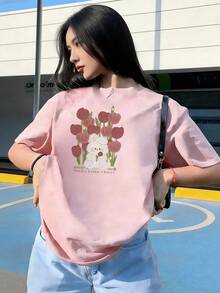 White Rabbit And Wine Tulip T-Shirt, Fashionable Short-Sleeve T-Shirt For Spring/Summer 2026, Made In Mexico, 180 Grams. Cartoon Print, Couple Design, Suitable For Indoor Or Outdoor Wear. Crew Neck, Unisex, Ideal For Office And Leisure. One-Piece Pack. - PK-P631577SLNDXZGY637 - 查看 3