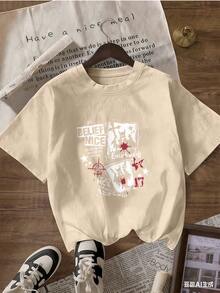 T-Shirt With "BELIEF NICE" Text And Red Grunge Design.  Short-Sleeved T-Shirt For Spring And Summer 2026, Made In Mexico, 180 Grams. Cartoon Print, Couple Design, Suitable For Indoor Or Outdoor Wear. Crew Neck, Unisex, Ideal For The Office And Leisure. One-Pack. - APR-P631577SLNDXZGY652 - 查看 4