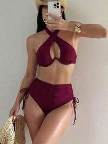 Conjunto de bikini de cuello halter de unicolor con aros para mujer, adecuado para vacaciones de verano - Rojo violeta - Ver 8