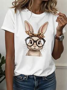 Women's Casual Sports T-Shirt, Crew Neck Tee, BUNNY WITH GLASSES, Cute Pet Fashion, Sweet, Dating Outfit, Easter Gift, Leopard Print Rabbit With Glasses, Funny, Easter, Comfortable All-Season Top - 白色 - 查看 1