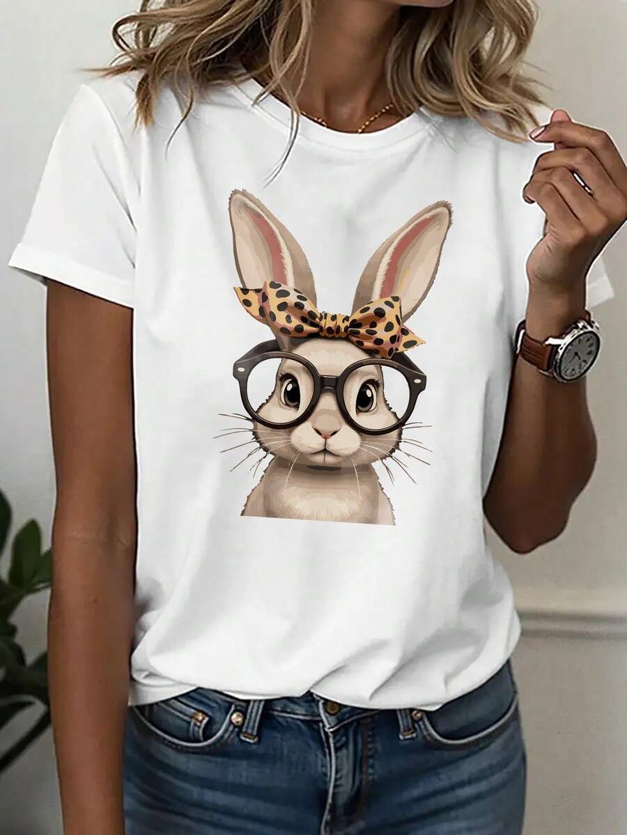 Women's Casual Sports T-Shirt, Crew Neck Tee, BUNNY WITH GLASSES, Cute Pet Fashion, Sweet, Dating Outfit, Easter Gift, Leopard Print Rabbit With Glasses, Funny, Easter, Comfortable All-Season Top - 白色 - 查看 1