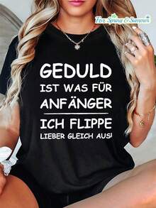 1 Item Of Plus Size Women's Clothing, Plus Size T-Shirt With The Funny Phrase "Patience Is For Beginners/I'll Go Crazy", Casual Short Sleeve Round Neck Top, Spring/Summer Casual Wear - Machine Washable, Letter Print Clothing, 100% Cotton 180g. - 黑色 - 查看 2