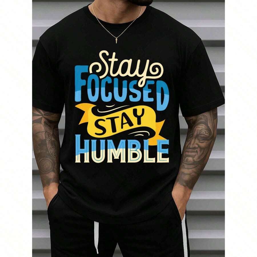 Men's 180g 100% Cotton T-Shirt - Funny Slogan "Stay Focused" Casual Crew Neck Short Sleeve T-Shirt - Humorous Gift For Husband Of 60 Or Any Age - Plain Black Casual Top IZOF BTO1 - 黑色 - 查看 1