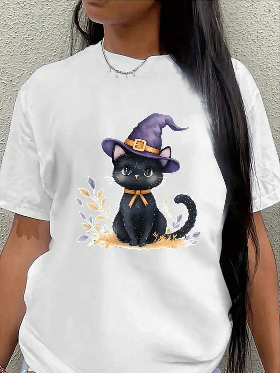 Short-Sleeved Polyester T-Shirt, Decorated With A Halloween Witch Cat Design, Lightweight And Durable, Suitable For Casual Wear At Home, In The Office, Or At Parties. Made With Soft Fabric And Vibrant Prints, It's Comfortable And Easy To Wear Every Day. Women's Casual Blouse - 白色 - 查看 1