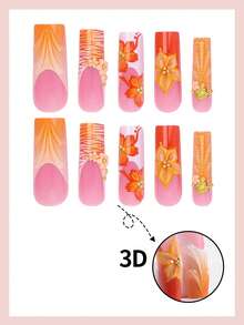 24pcs Long Square Press On Nails Nude Pink With Orange 3D Hibiscus Floral & Seashell Accent With Gold Bead Glossy Full Cover Fake Nails For Women Girls, Gift For Her - Multicolor - View 2