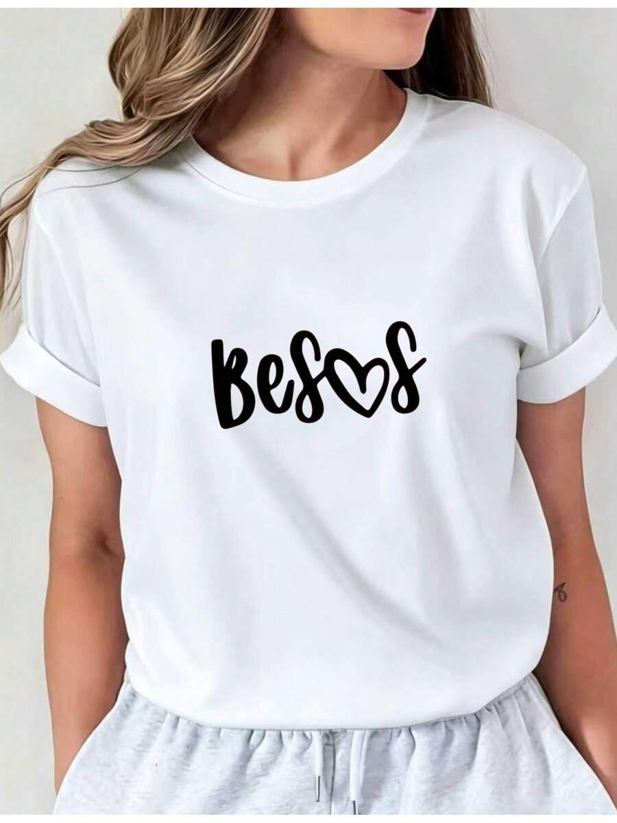 Be Love Women's Printed T-Shirt - Casual Short Sleeve Crew Neck T-Shirt, White With Black Cursive Text. Relaxed Fit For All Seasons, Perfect For Everyday Wear And Holiday Outfits (Machine Washable). - 白色 - 查看 1