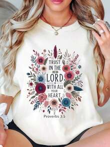 Women's T-Shirt With Floral Print And Bible Verse: Trust In The Lord With All Your Heart (Proverbs 35). Inspired By Christian Faith, Casual Wear For Everyday Life And Church. - 白色 - 查看 2