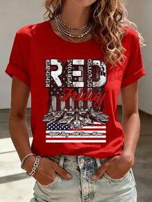 New  Women's Crew Neck T-Shirt, Casual Red Friday Tee, American Flag Design, Classic Short-Sleeve Crew Neck Regular Fit Tee, Fashionable Everyday Summer Top, Patriotic Themed Tee, Comfortable, Soft And Breathable, Vintage Style T-Shirt. WYDX Versatile Design Ready For Summer. - 紅色 - 查看 5
