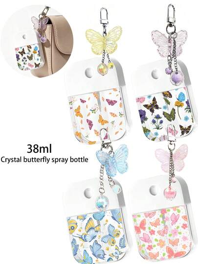 1/2/4pcs Crystal Butterfly Print Pattern Holiday Style Pattern Spray Bottle. Ins Style Girl Perfume Spray Bottle With Hook Drop Resistance Silicone Bottle Cap Hawaii Travel Portable Cosmetics Bottle Cosmetic Spray Bottle Suitable For Family And Friends Birthday Gifts Holiday Gifts 38ml