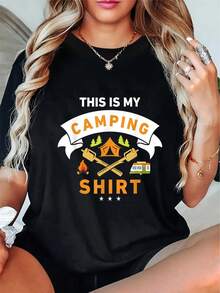 Ropa de mujer de talla grande con cuello redondo, camiseta de camping divertida y de gran tamaño para mujer - Camiseta 100% con temática de camping que presenta elementos de tienda de campaña, llama, árbol, fogata y malvavisco - Tela gruesa adecuada para aventuras al aire libre y viajes en caravana - Camiseta negra lavable a máquina con diseño colorido de camping - Regalo perfecto para entusiastas del camping - Ropa casual para todas las estaciones con cuello redondo y corte holgado - Ideal para actividades al aire libre y salidas diarias, hecha de material duradero Blusas Para Mujer Casual. - Negro - Ver 7