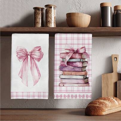 2pcs/Set Pink Plaid Bow & Book Pattern Kitchen Towels, 40*60cm Soft Microfiber Material, Suitable For Home, Kitchen, Restaurant, Outdoor Camping, Tabletop Cleaning, Dish Drying, Gifting