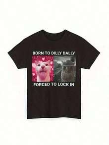 Camiseta con Estampado de Meme Divertido de Gato ("Born To Dilly Dally") para Mujeres y Niñas, Camiseta de Algodón con Cuello Redondo para Mujer con Estampado de Banda/Gráfico/Anime/Dibujos Animados/Texto, Adecuada para Uso Diario, Regalo Perfecto para Fiestas, Regalo de Cumpleaños, Estilo Vintage, Unisex, Clásica y Nostálgica, Versátil y a la Moda, Adecuada para la Calle, Hecha de Tela de Algodón Cómoda con un Tacto Delicado y Suave. Con un diseño sencillo pero elegante, lavable a máquina - Camiseta versátil para el día a día y ocasiones especiales. 100% algodón. - Negro - Ver 1