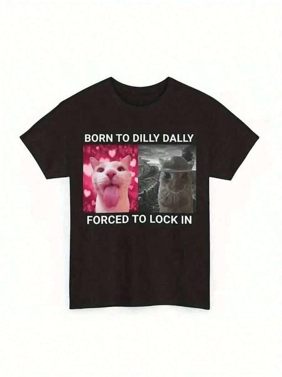 Camiseta con Estampado de Meme Divertido de Gato ("Born To Dilly Dally") para Mujeres y Niñas, Camiseta de Algodón con Cuello Redondo para Mujer con Estampado de Banda/Gráfico/Anime/Dibujos Animados/Texto, Adecuada para Uso Diario, Regalo Perfecto para Fiestas, Regalo de Cumpleaños, Estilo Vintage, Unisex, Clásica y Nostálgica, Versátil y a la Moda, Adecuada para la Calle, Hecha de Tela de Algodón Cómoda con un Tacto Delicado y Suave. Con un diseño sencillo pero elegante, lavable a máquina - Camiseta versátil para el día a día y ocasiones especiales. 100% algodón. - Negro - Ver 1