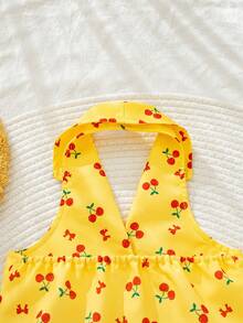 Set de 2 piezas de top sin mangas con estampado de cerezas y lazo colorido + falda plisada para niñas jóvenes, adecuado para vacaciones y uso al aire libre - Amarillo - Ver 10