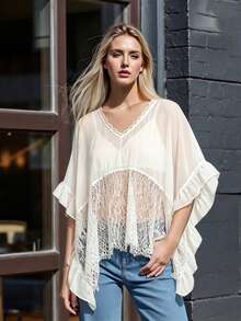 Women Sheer Poncho Tops Oversized Batwing Sleeve Blouse Contrast Lace See Through Mesh Cover Up Ruffle Flowy Boho Shirt - 象牙白 - 查看 2