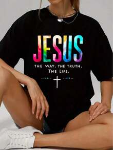 Camiseta casual de manga corta para mujer estampada con "Jesus And THE WAY". VERDAD. Camiseta Oversize con la Letra LIFE, Ropa de Verano, Estilo Urbano, Casual, Cuello Redondo, Algodón, Moda de Verano, Camiseta Holgada para Mujer, Atuendo Diario - Negro - Ver 2