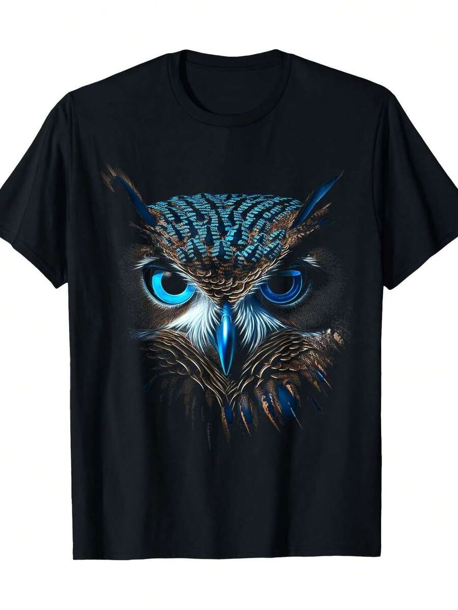 Black Owl Print T-Shirt With Turquoise Blue Eyes - 100% Pre-Shrunk Cotton, Casual Short-Sleeved T-Shirt With Round Neck And Double Stitching, Featuring A Realistic Owl And Wings Design, Suitable For Daily Wear, Fitness And Travel (Sizes S-XXXL). - 黑色 - 查看 1