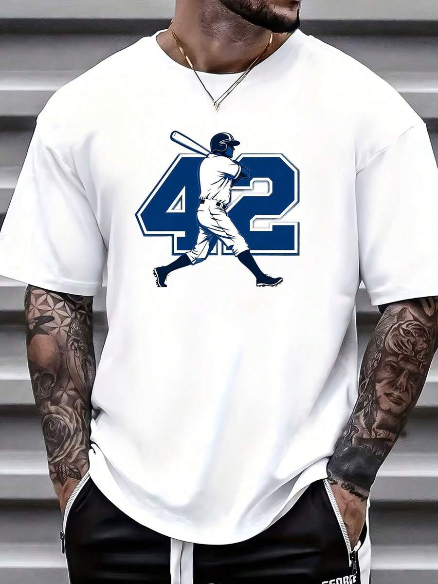 Camiseta Vintage para Hombre con Estampado de Jugador de Béisbol N.° 42 - Estilo Nostálgico de Jersey N.° 42, Camiseta de Algodón Puro Suave de 180 g, Adecuada para el Día de la Independencia, Regalos Deportivos, Uso Diario Casual y Durante Todo el Año, Camiseta de Cuello Redondo Lavable a Máquina - Blanco - Ver 1