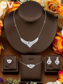 DV JEWELRY 5件套立方氧化锆镀白金奢华项链、手链、耳环、开口戒指首饰套装，优雅珠宝礼品，适合女性、派对、周年纪念日佩戴 - 銀色 - 查看 4