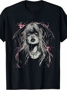 Camiseta con Estampado Gráfico, Manga Corta y Cuello Redondo, Top Casual para Verano y Primavera, Ropa de Mujer - Negro - Ver 1