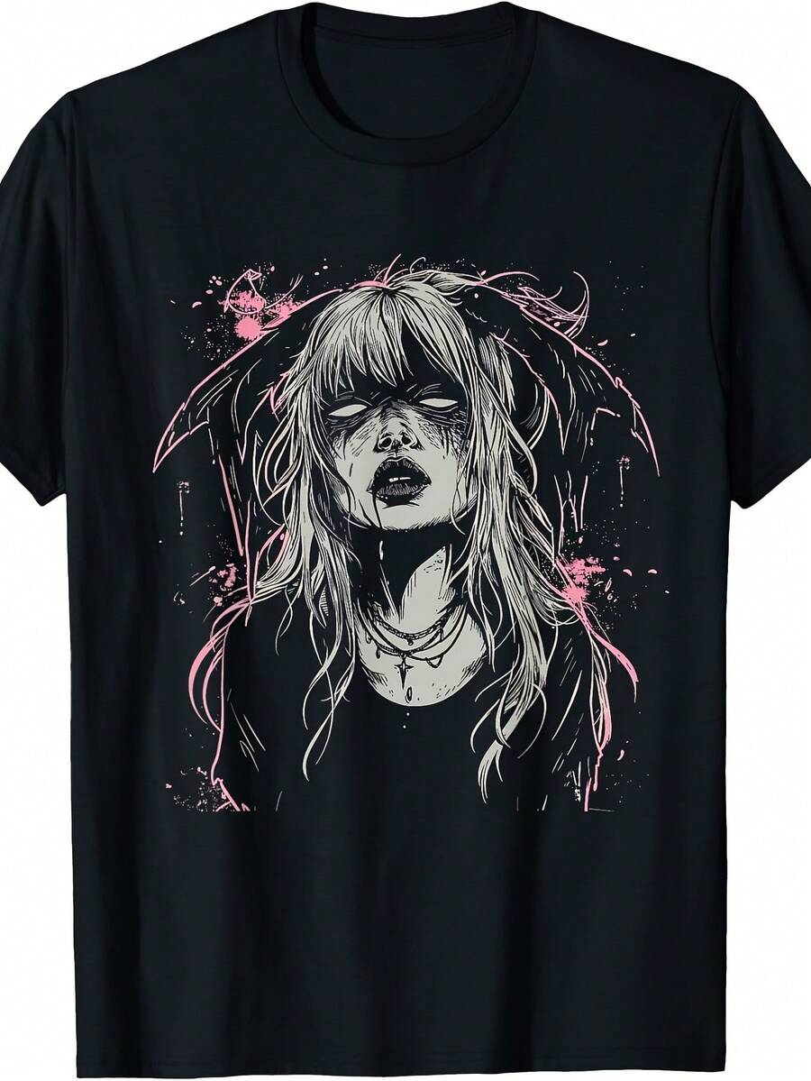Camiseta con Estampado Gráfico, Manga Corta y Cuello Redondo, Top Casual para Verano y Primavera, Ropa de Mujer - Negro - Ver 1
