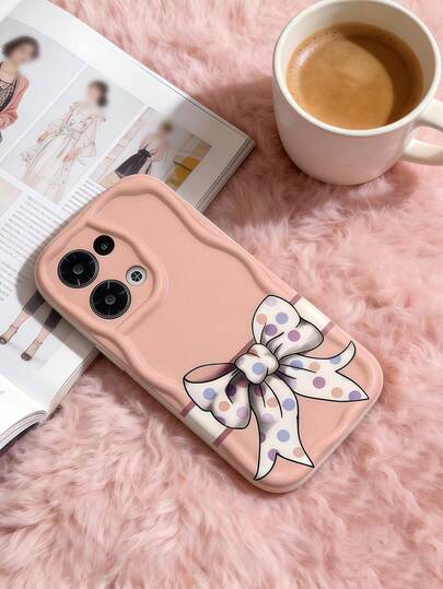 1 pezzo Custodia per telefono in TPU morbido con texture a onde di dopamina, arricciatura, rosa, pois e fiocco, compatibile con Galaxy S21 S22 S23 S24 S25 S26/Honor e altri modelli
