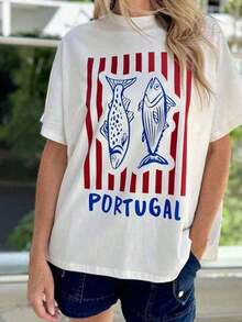 Hot Hour Camiseta de manga corta con cuello redondo, informal, a rayas y con estampado de peces, 100% algodón, estilo Y2K, ropa urbana gráfica, holgada, para mujer, ideal para vacaciones y viajes en verano, transpirable y cómoda. - Blanco - Ver 12