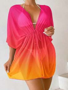 Kimono de ombré de cintura con cordón de manga murciélago de malla - Rosa Fucsia - Ver 6
