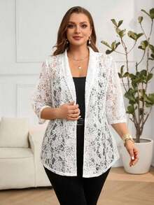 casual y versátil de encaje y parches para mujer de talla grande - Blanco - Ver 4