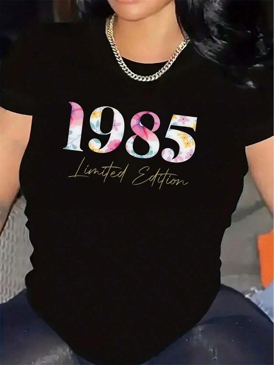 Women's Short-Sleeved T-Shirt, Limited Edition 1985, Black, With Round Neck And Colorful 1985 Print, Lightweight, Comfortable And Casual Fabric, Suitable For Wearing At Home, Office Or Restaurant - Versatile T-Shirt For Everyday Wear. - 黑色 - 查看 1