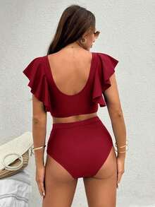 Conjunto de bikini de verano de unicolor y simple para vacaciones y playa para mujeres - Burdeos - Ver 2