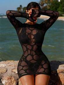 Cubre con mangas largas transparente y calado sexy para mujer - Negro - Ver 5