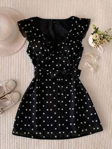 Vestido corto con estampado de lunares y volantes para mujer, primavera/verano 2026.Vestido negro, vestido de vacaciones, vestido de Pascua, vestido de festival para damas, vestido de fiesta elegante, vestido de graduación, vestido de playa, - Negro - Ver 1