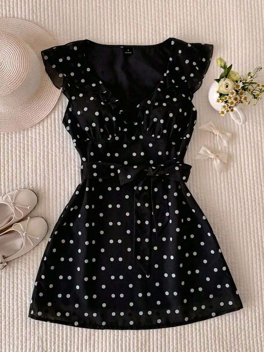 Vestido corto con estampado de lunares y volantes para mujer, primavera/verano 2026.Vestido negro, vestido de vacaciones, vestido de Pascua, vestido de festival para damas, vestido de fiesta elegante, vestido de graduación, vestido de playa, - Negro - Ver 1