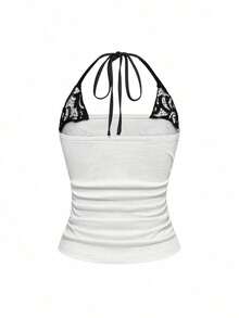 Conjunto de concierto Y2K para mujer, top corto de algodón con contraste de encaje y estampado de calavera punk en 2 en 1 - Blanco - Ver 2