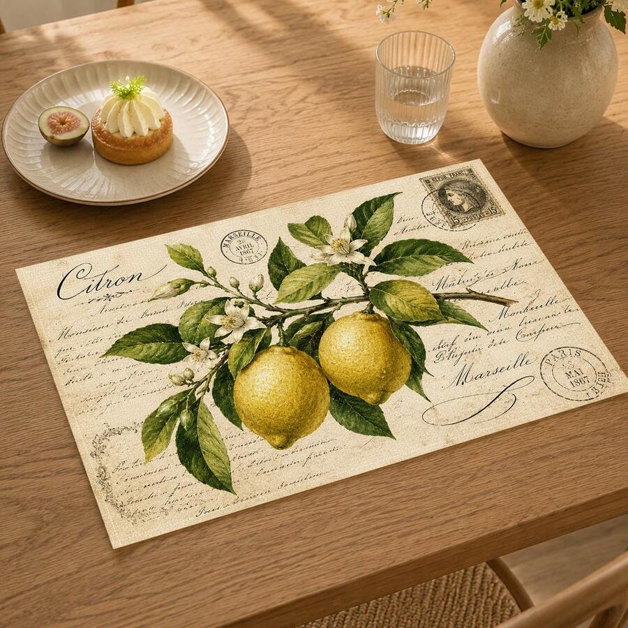 1pc Lemon Pattern Linen Placemat, Breakfast Mat, Coffee Coaster, Bowl Pad, Kitchen Accessory, Easy To Clean Dining Mat, Suitable For Home, Restaurant, Dining Decor, Holiday Gift, Gift For Friends, Multi-Piece Set - Multicolor - View 1