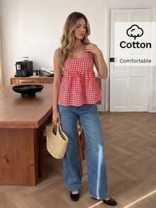 Camisa casual y versátil para uso diario con lazo y estampado de cuadros para mujer - Multicolor - Ver 6